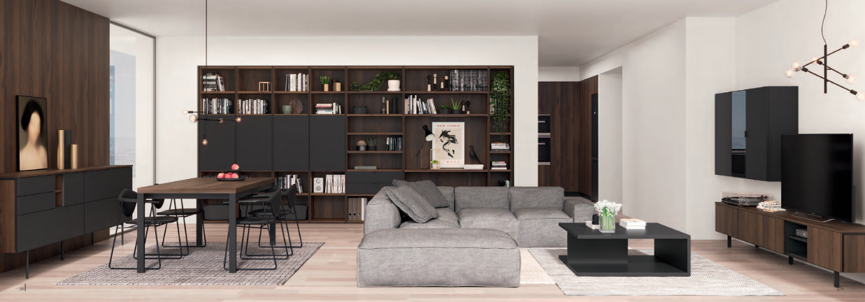 Salón comedor Tegar con librería, sofá y mueble TV en proyecto de vivienda - Valencia